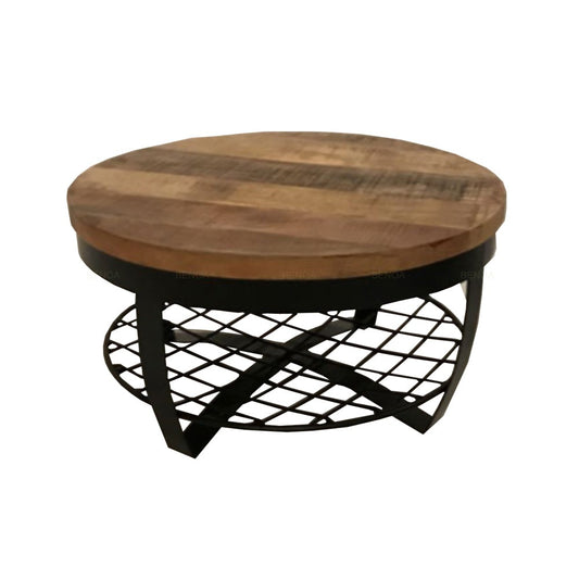 Iron Round Coffee Table Wooden top & Iron Shelf at base 65 - Velaria Interiors