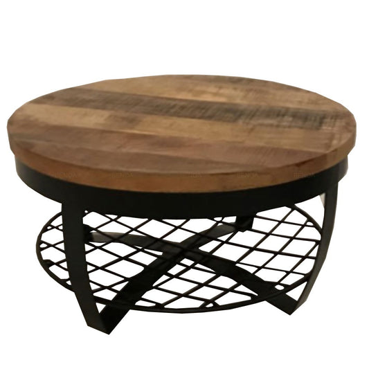 Iron Round Coffee Table Wooden top & Iron Shelf at base 90 - Velaria Interiors
