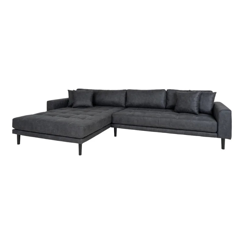 Lido Lounge Sofa - Lounge Sofa, left facing in dark grey microfibewith four pillows and black wood legs, HN1000 - Velaria Interiors