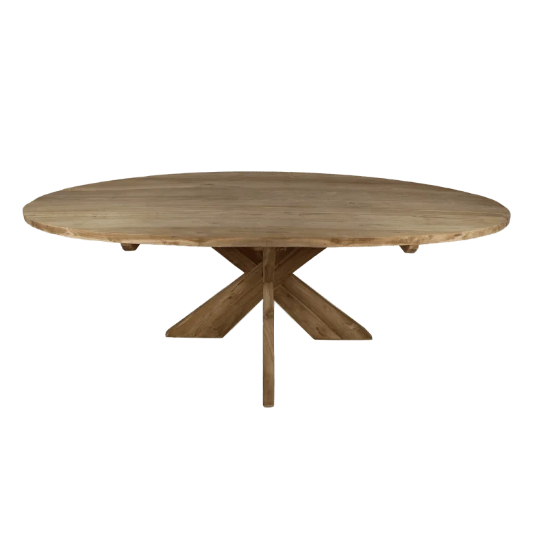 Ovale eettafel met kruispoot - 180x100 cm - blank - teak - Velaria Interiors