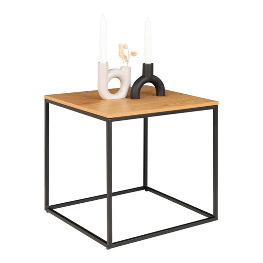 Vita Sidetable - Bijzettafel met zwart frame en bovenblad met eikenhouten uitstraling 45x45x45 cm - Velaria Interiors