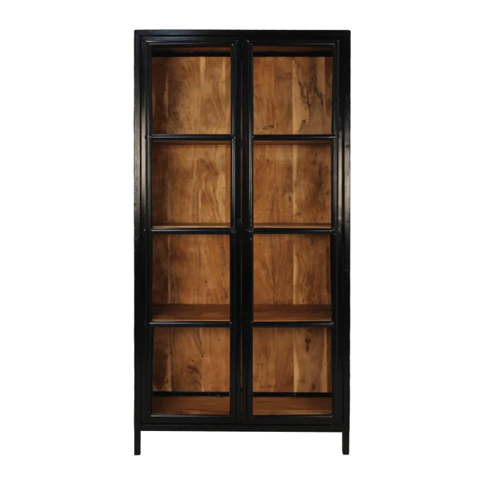 Vitrinekast Kingston - 90x40x185 - acacia/ijzer/glas - Velaria Interiors