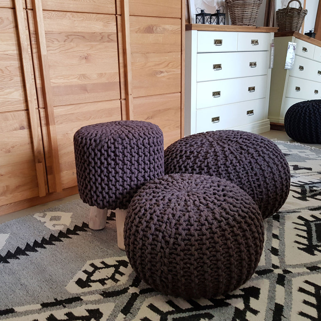 Zitpoef Pouf SET 2 stuks Ø 55 cm H 37 cm Gebreide poef Vloerkussen Grofgebreid duurzaam - Velaria Interiors